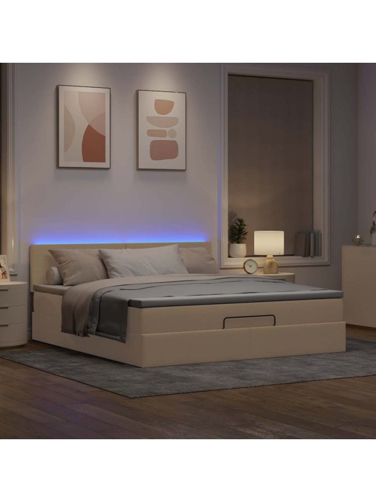 OTTOMANI VOODI MADRATSI JA LED, KREEMJAS, 180X200 CM, KANGAS