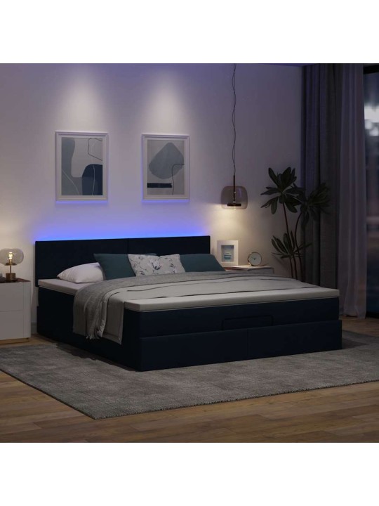 OTTOMANI VOODI MADRATSI JA LED, SININE, 180X200CM, KANGAS