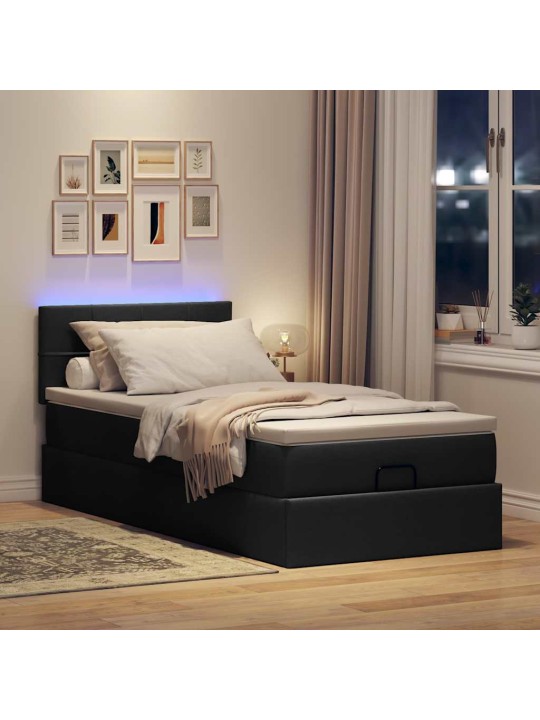 OTTOMANI VOODI MADRATSI JA LED, MUST, 80X200CM, KANGAS
