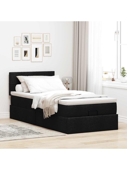 OTTOMANI VOODI MADRATSI JA LED, MUST, 80X200CM, KANGAS