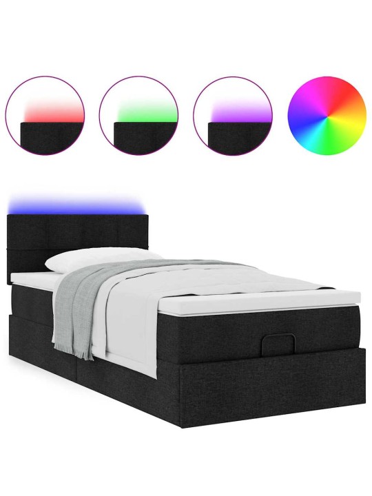 OTTOMANI VOODI MADRATSI JA LED, MUST, 80X200CM, KANGAS
