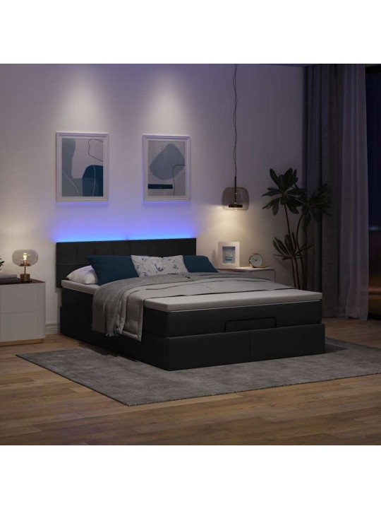 OTTOMANI VOODI MADRATSITA JA LED, MUST, 140X190 CM, KANGAS