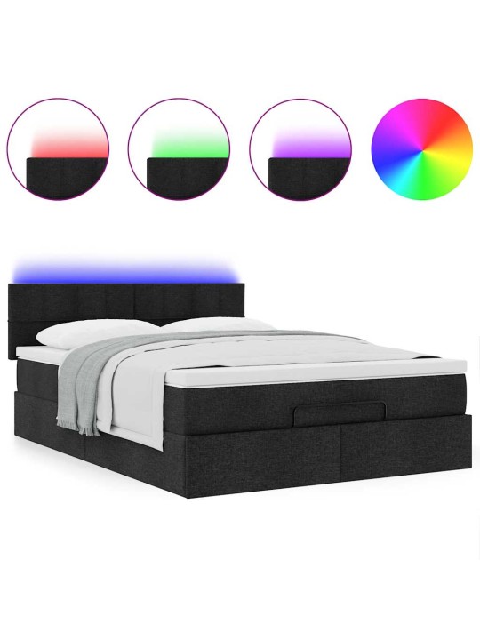 OTTOMANI VOODI MADRATSITA JA LED, MUST, 140X190 CM, KANGAS