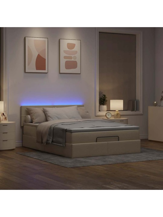 OTTOMANI VOODI MADRATSITA JA LED, KREEMJAS, 140X190 CM, KANGAS