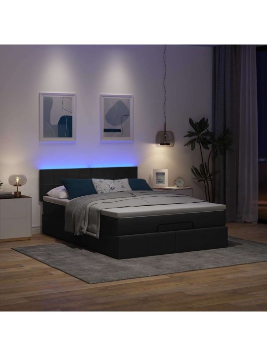 OTTOMANI VOODI MADRATSITA JA LED, MUST, 140X200 CM, KANGAS