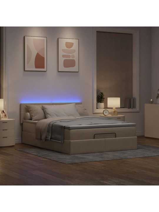 OTTOMANI VOODI MADRATSITA JA LED, KREEMJAS, 140X200 CM, KANGAS