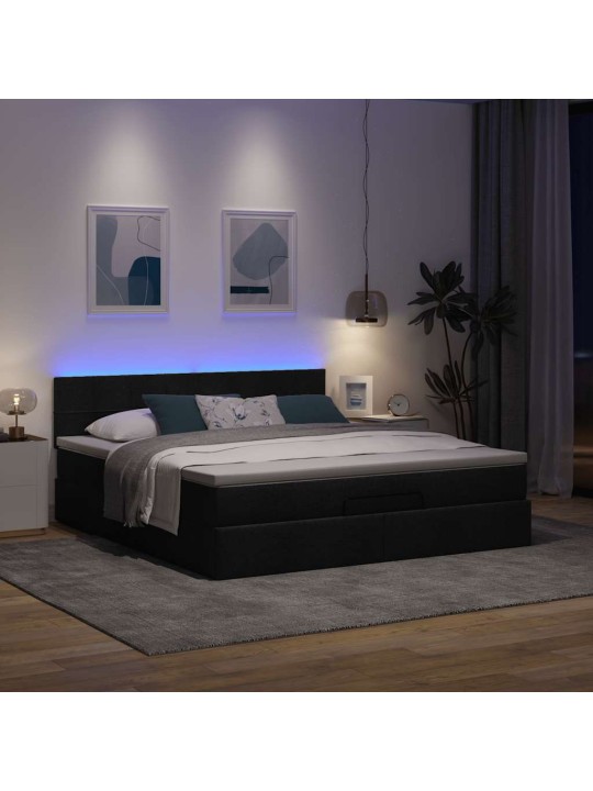OTTOMANI VOODI MADRATSI JA LED, MUST, 180X200CM, KANGAS