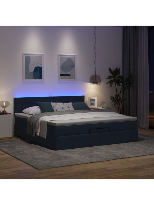 OTTOMANI VOODI MADRATSI JA LED, SININE, 180X200CM, KANGAS