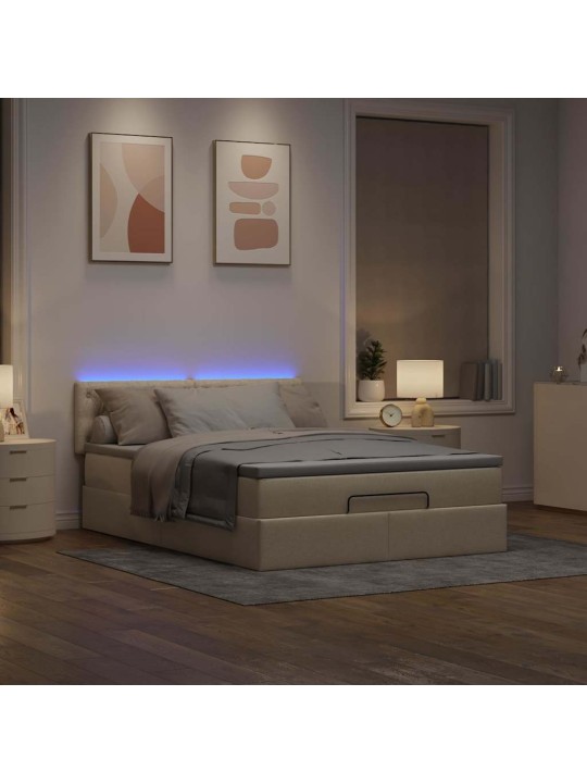 OTTOMANI VOODI MADRATSITA JA LED, KREEMJAS, 140X200 CM, KANGAS