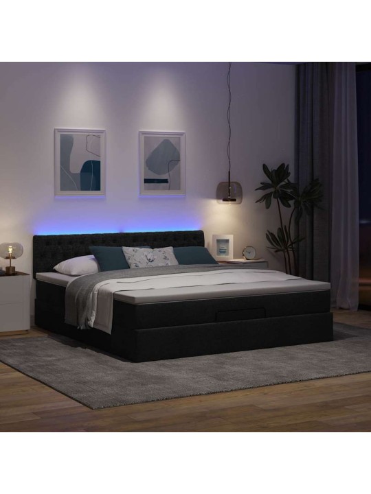 OTTOMANI VOODI MADRATSI JA LED, MUST, 180X200CM, KANGAS