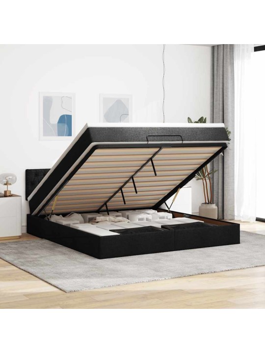 OTTOMANI VOODI MADRATSI JA LED, MUST, 180X200CM, KANGAS