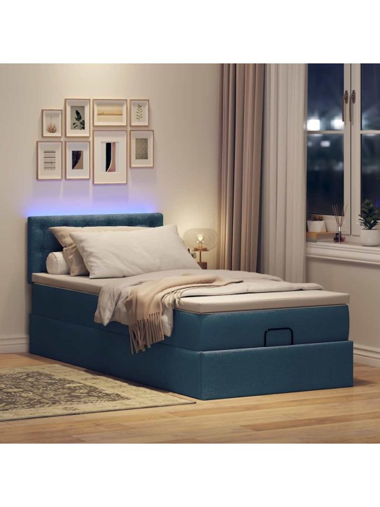 OTTOMANI VOODI MADRATSITA JA LED, SININE, 90X200 CM, KANGAS