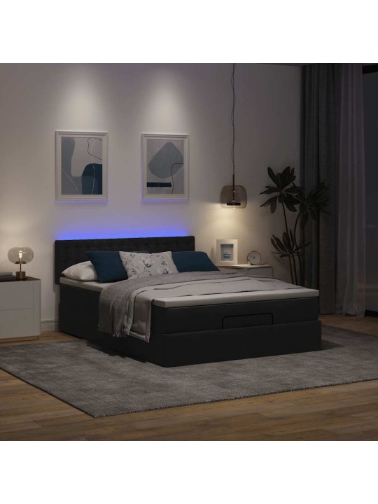 OTTOMANI VOODI MADRATSITA JA LED, MUST, 140X190 CM, KANGAS