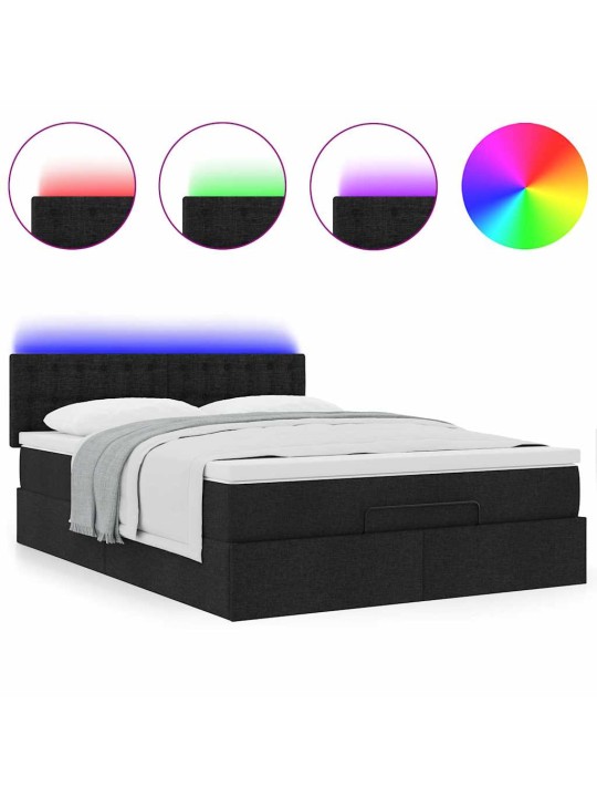 OTTOMANI VOODI MADRATSITA JA LED, MUST, 140X190 CM, KANGAS