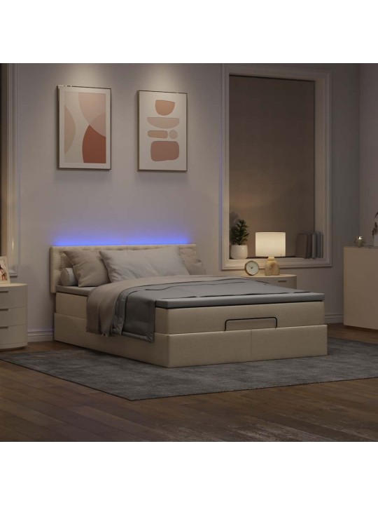 OTTOMANI VOODI MADRATSITA JA LED, KREEMJAS, 140X190 CM, KANGAS