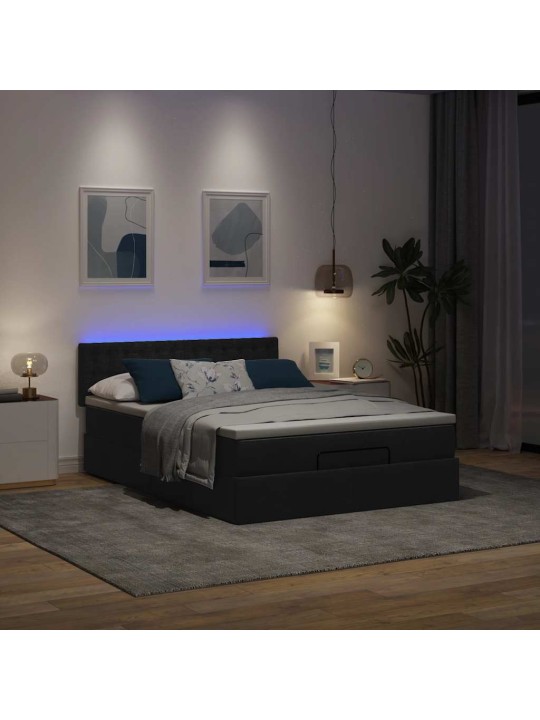 OTTOMANI VOODI MADRATSITA JA LED, MUST, 140X200 CM, KANGAS