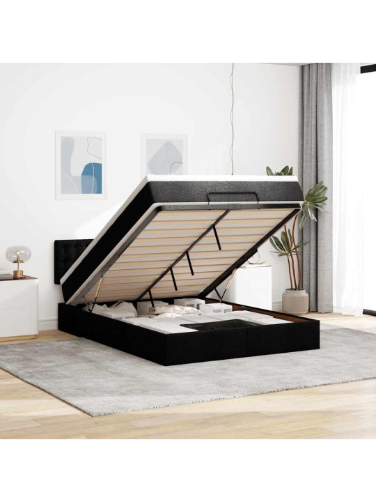 OTTOMANI VOODI MADRATSITA JA LED, MUST, 140X200 CM, KANGAS