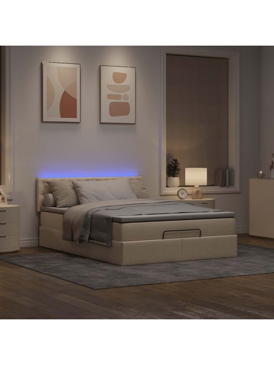OTTOMANI VOODI MADRATSITA JA LED, KREEMJAS, 140X200 CM, KANGAS
