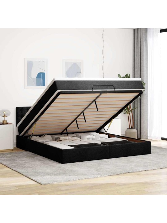 OTTOMANI VOODI MADRATSI JA LED, MUST, 180X200CM, KANGAS