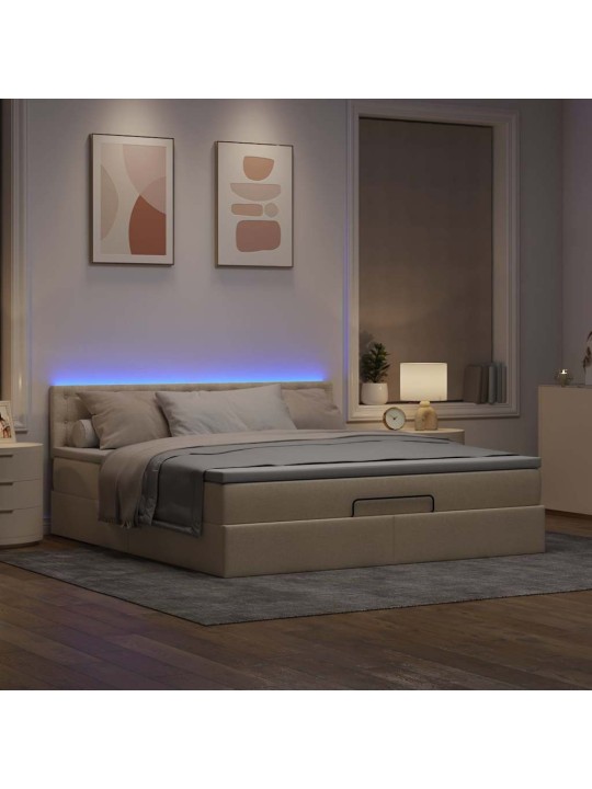 OTTOMANI VOODI MADRATSI JA LED, KREEMJAS, 180X200 CM, KANGAS