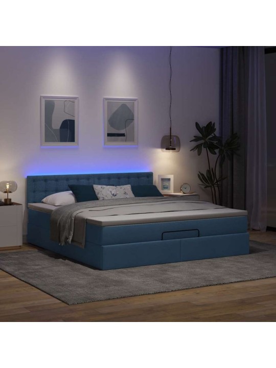 OTTOMANI VOODI MADRATSI JA LED, SININE, 180X200CM, KANGAS