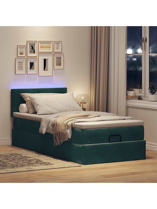 Ottomani voodi madratsi ja led, tumeroheline, 90x200cm, samet