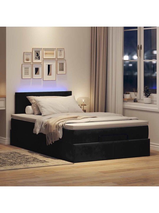 OTTOMANI VOODI MADRATSI JA LED, MUST, 120X190CM, SAMET