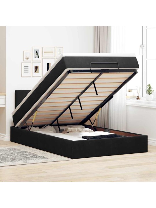 OTTOMANI VOODI MADRATSI JA LED, MUST, 120X190CM, SAMET