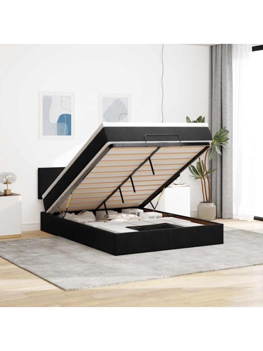 Ottomani voodi madratsiga ja led, must, 140x190cm, samet