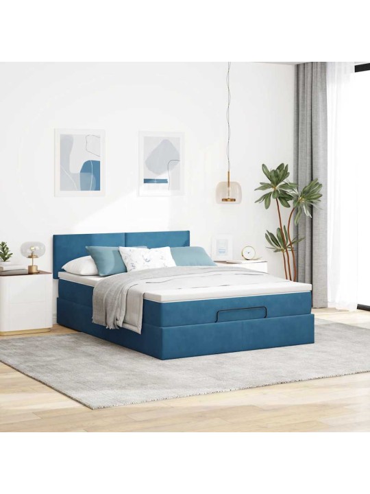 OTTOMANI VOODI MADRATSIGA JA LED, TUMESININE, 140X190CM, SAMET