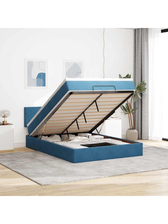 OTTOMANI VOODI MADRATSIGA JA LED, TUMESININE, 140X190CM, SAMET