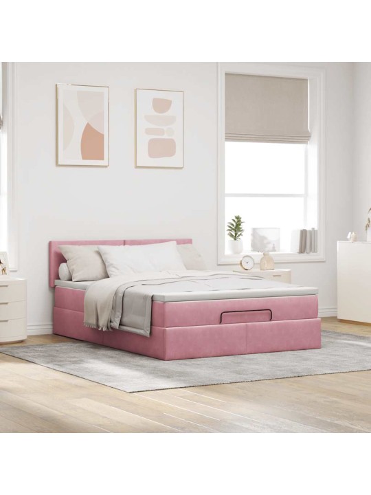 OTTOMANI VOODI MADRATSIGA JA LED, ROOSA, 140X190CM, SAMET