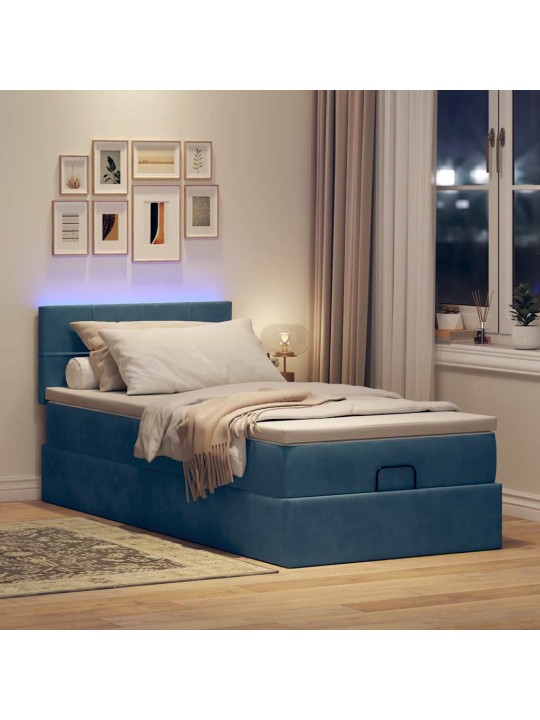 OTTOMANI VOODI MADRATSI JA LED, TUMESININE, 80X200CM, SAMET