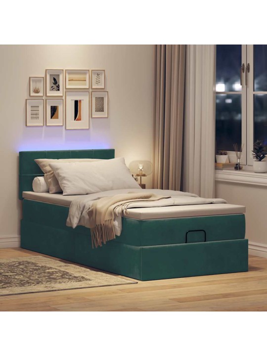 Ottomani voodi madratsi ja led, tumeroheline, 90x200cm, samet