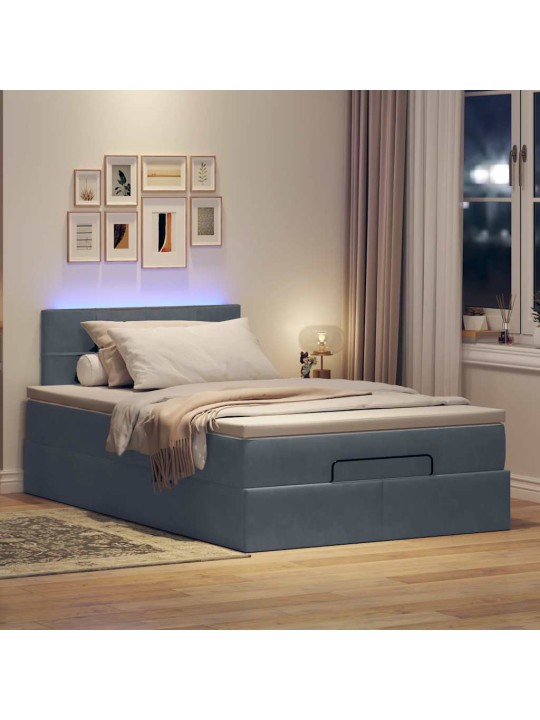 Ottomani voodi madratsi ja led, tumehall, 120x190cm, samet