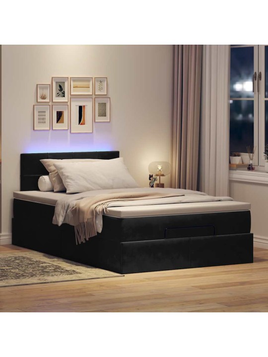 OTTOMANI VOODI MADRATSI JA LED, MUST, 120X190CM, SAMET