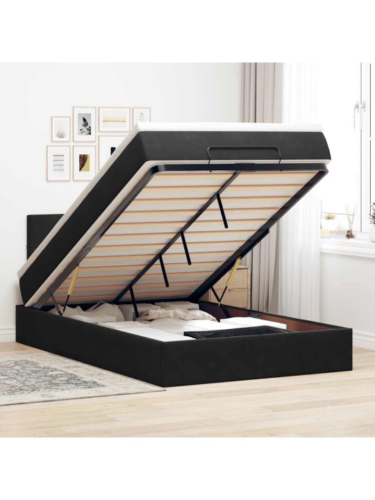 OTTOMANI VOODI MADRATSI JA LED, MUST, 120X190CM, SAMET