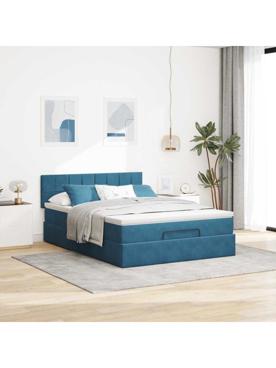 OTTOMANI VOODI MADRATSIGA JA LED, TUMESININE, 140X190CM, SAMET