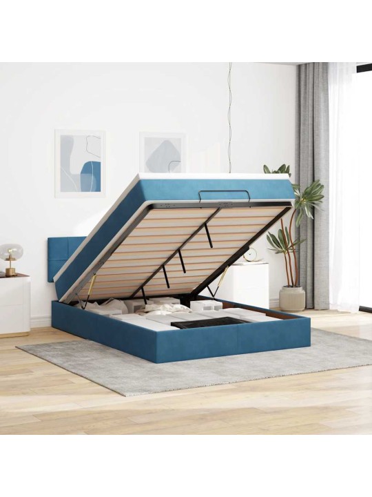 OTTOMANI VOODI MADRATSIGA JA LED, TUMESININE, 140X190CM, SAMET