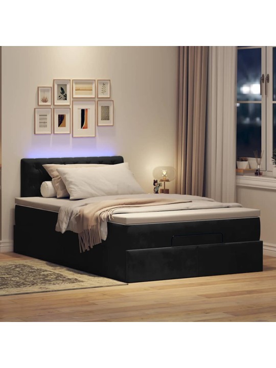 OTTOMANI VOODI MADRATSI JA LED, MUST, 120X190CM, SAMET