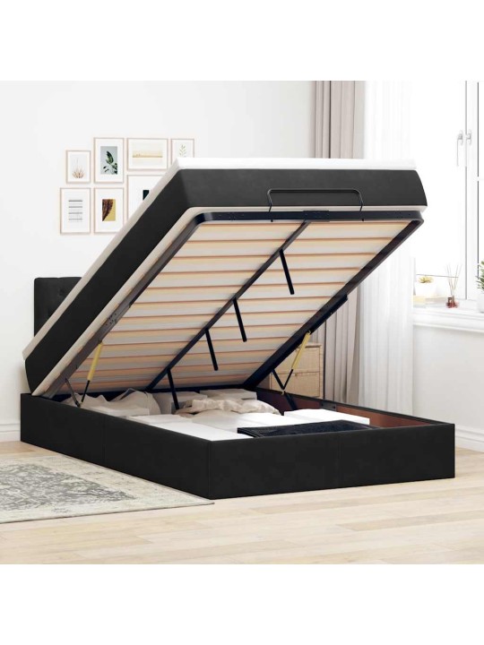 OTTOMANI VOODI MADRATSI JA LED, MUST, 120X190CM, SAMET