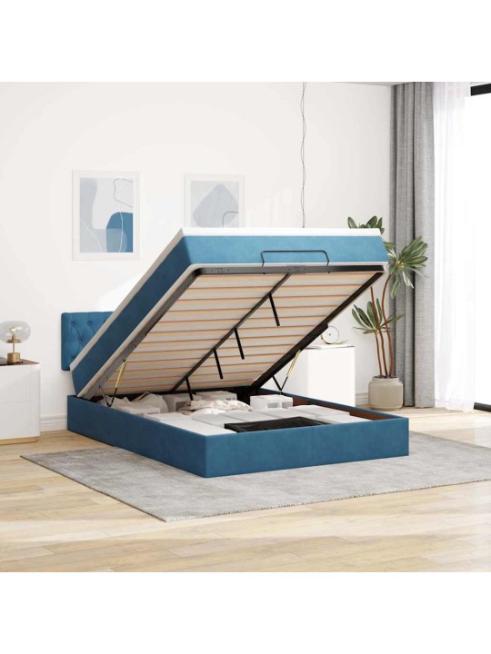 OTTOMANI VOODI MADRATSIGA JA LED, TUMESININE, 140X190CM, SAMET