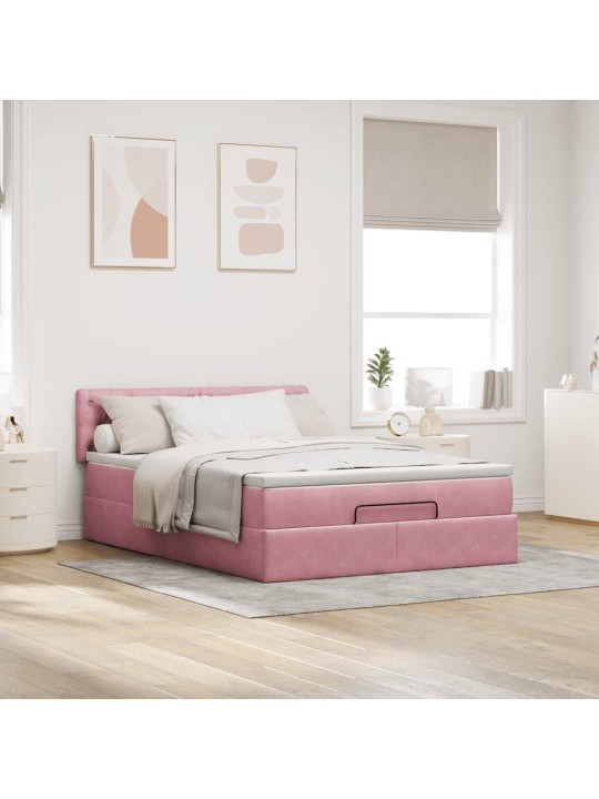 Ottomani voodi madratsiga ja led, roosa, 140x190cm, samet