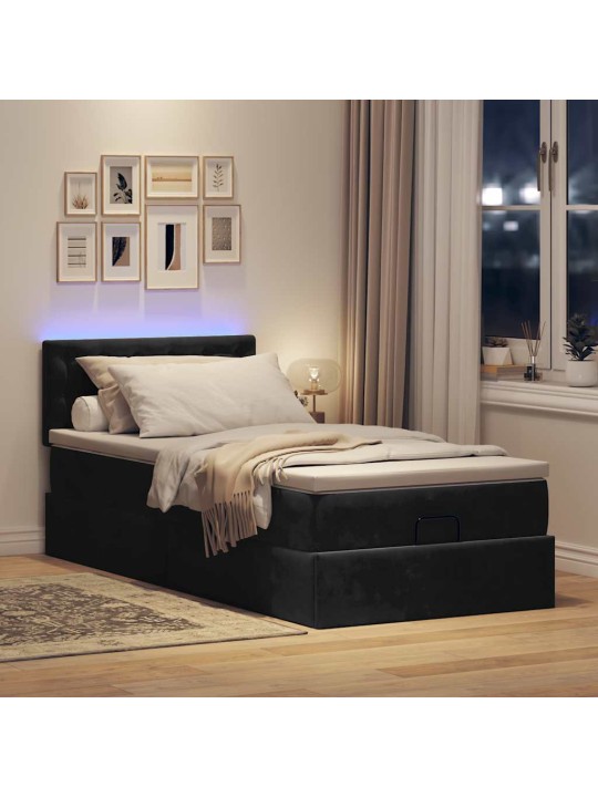 Ottomani voodi madratsi ja led, must, 80x200cm, samet