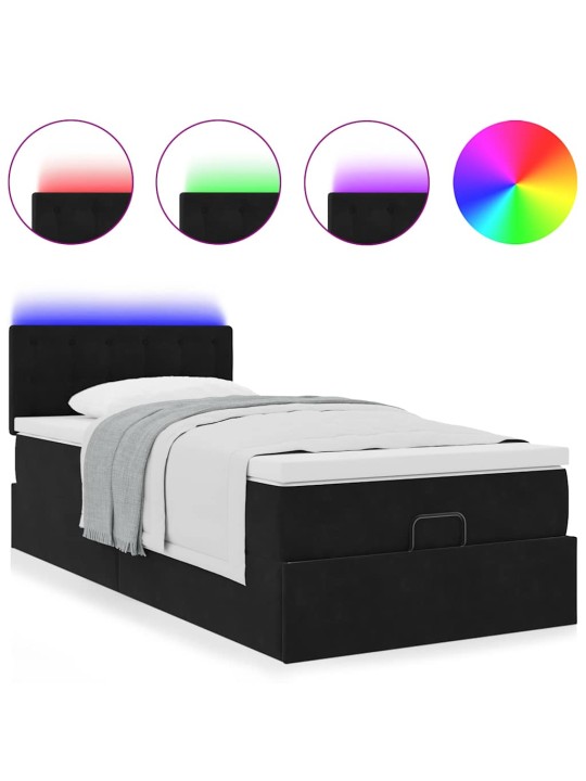 Ottomani voodi madratsi ja led, must, 80x200cm, samet
