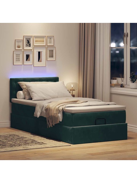 Ottomani voodi madratsi ja led, tumeroheline, 90x200cm, samet