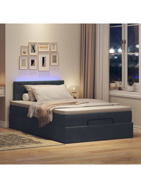 Ottomani voodi madratsi ja led, tumehall, 120x190cm, samet