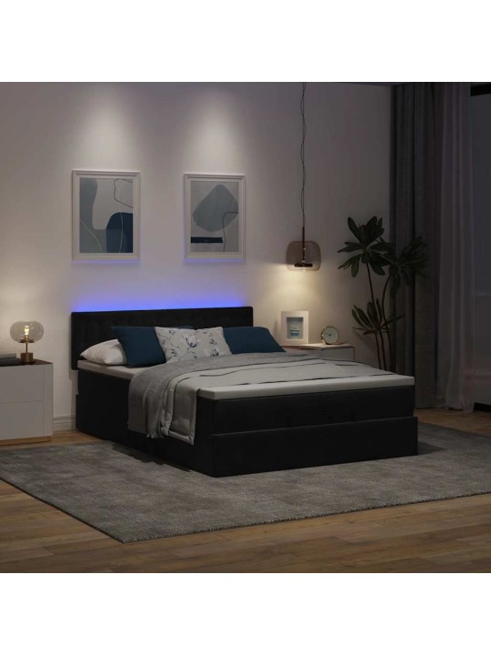 Ottomani voodi madratsiga ja led, must, 140x190cm, samet
