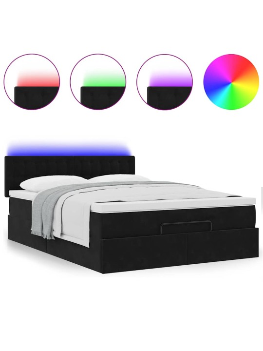 Ottomani voodi madratsiga ja led, must, 140x190cm, samet