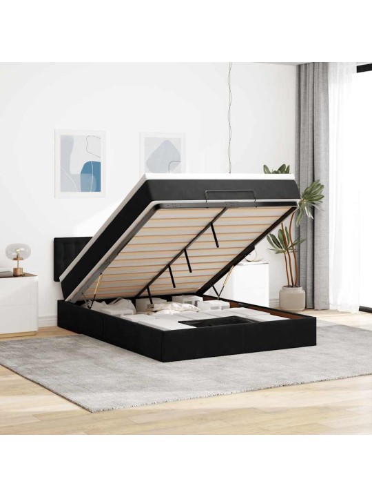 Ottomani voodi madratsiga ja led, must, 140x190cm, samet